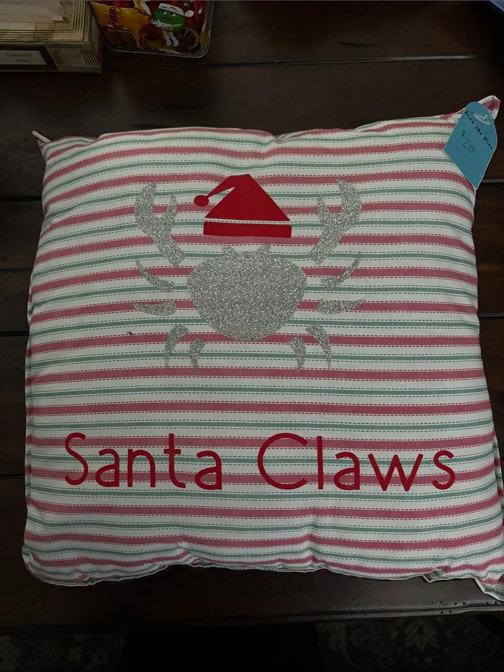 Santa Claws Holiday Pillow - Red, White & Green Stripes
